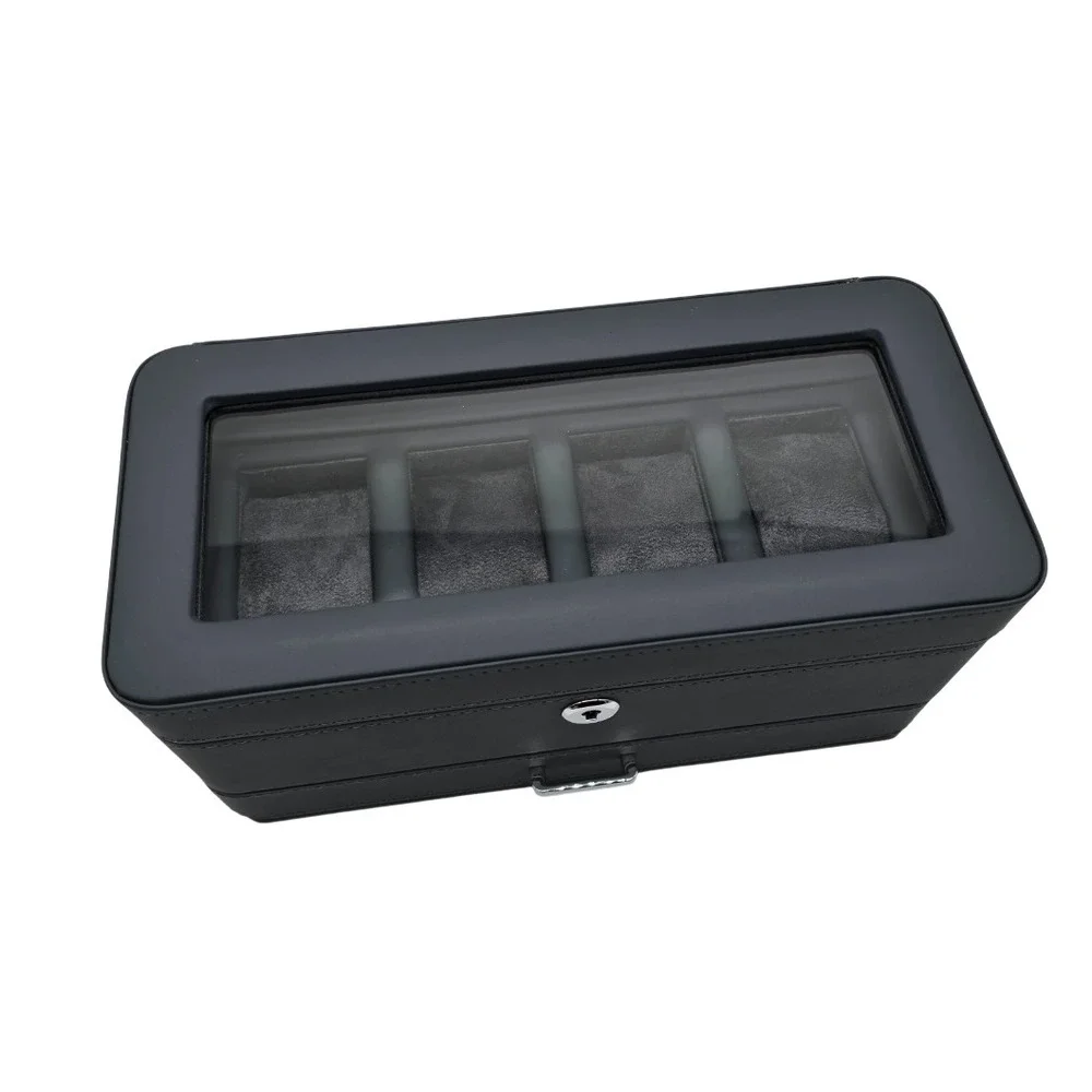 Watch Box Organizer ROTHWELL 4 Slot Carbon Leather Valet Drawer Glass Lid